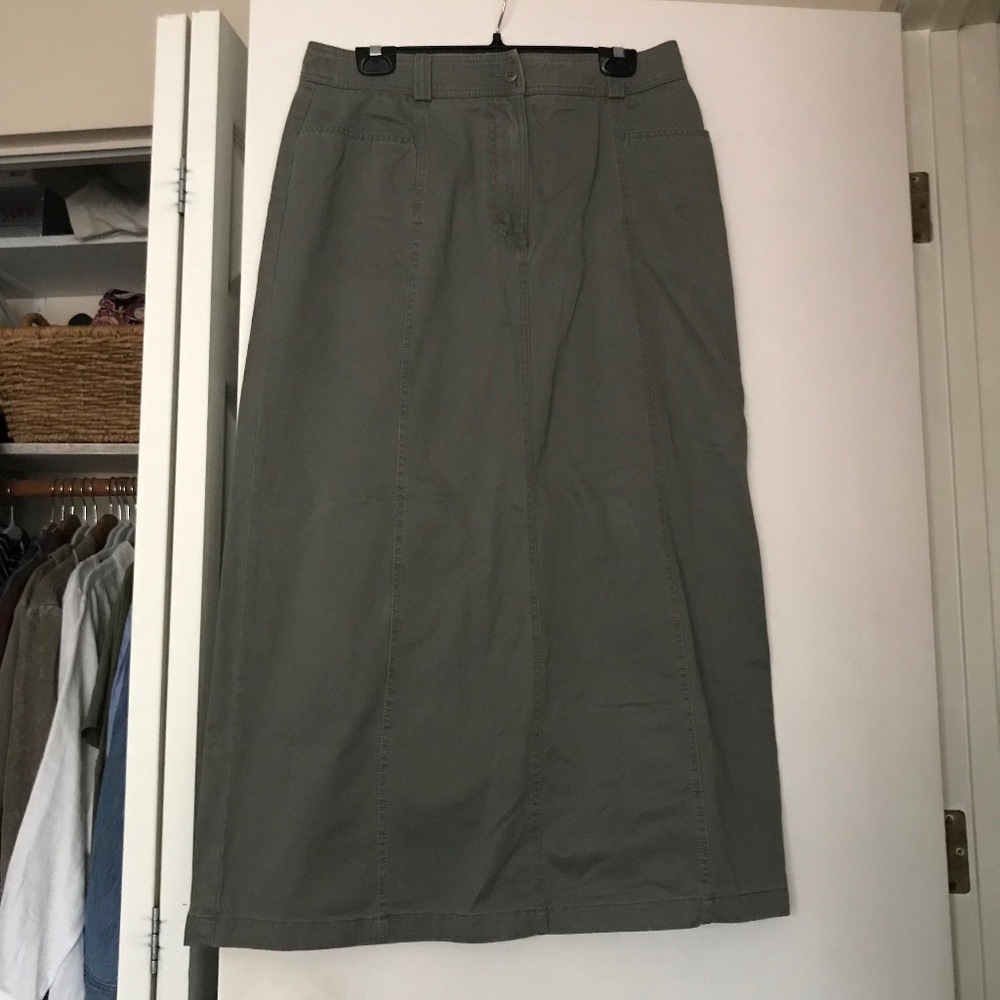Eddie Bauer chino maxi Skirt 100% cotton size 12 olive sage khaki green